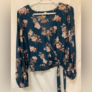 American Eagle Outfitters Floral Wrap Blouse - Teal and Pink